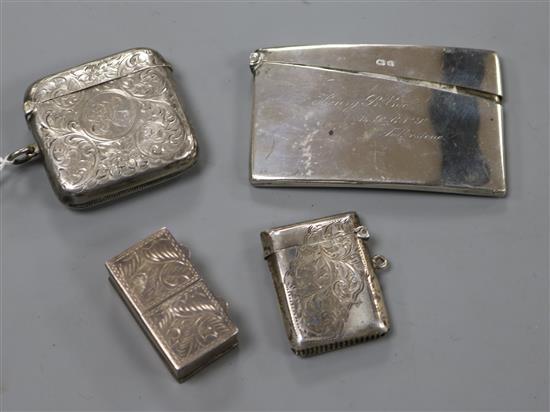 Two silver vesta cases, a silver card case and a silver pill box.